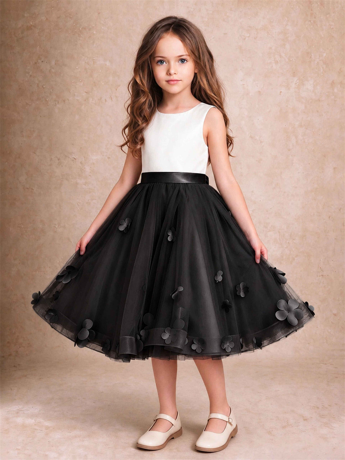 3D Floral Tulle Flower Girl Dress Sleeveless Satin Bow Back Wedding Guest Party Dress