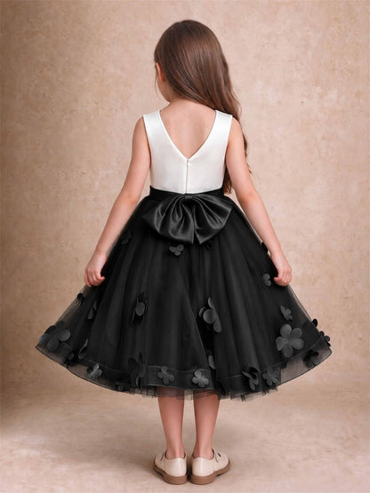 3D Floral Tulle Flower Girl Dress Sleeveless Satin Bow Back Wedding Guest Party Dress