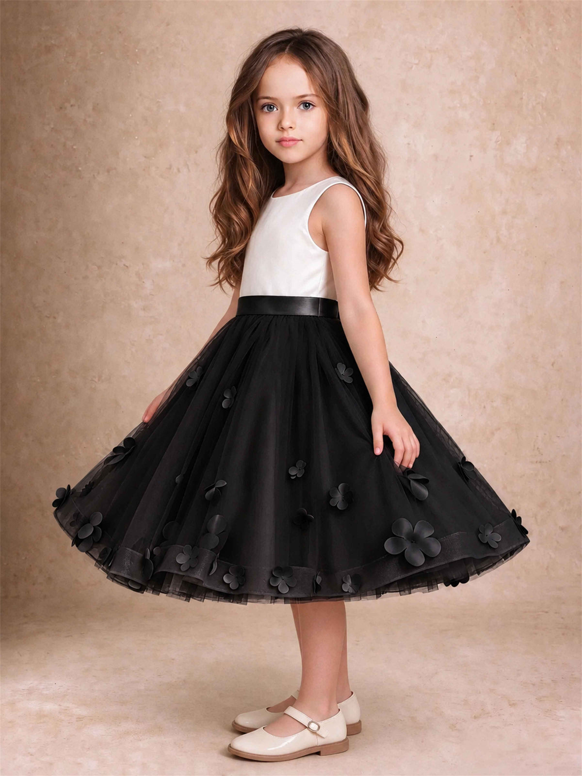 3D Floral Tulle Flower Girl Dress Sleeveless Satin Bow Back Wedding Guest Party Dress