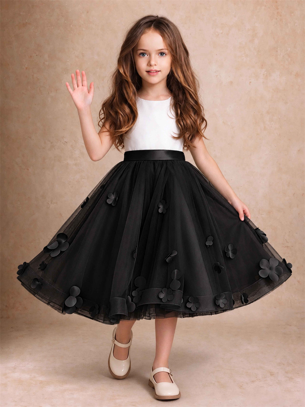3D Floral Tulle Flower Girl Dress Sleeveless Satin Bow Back Wedding Guest Party Dress