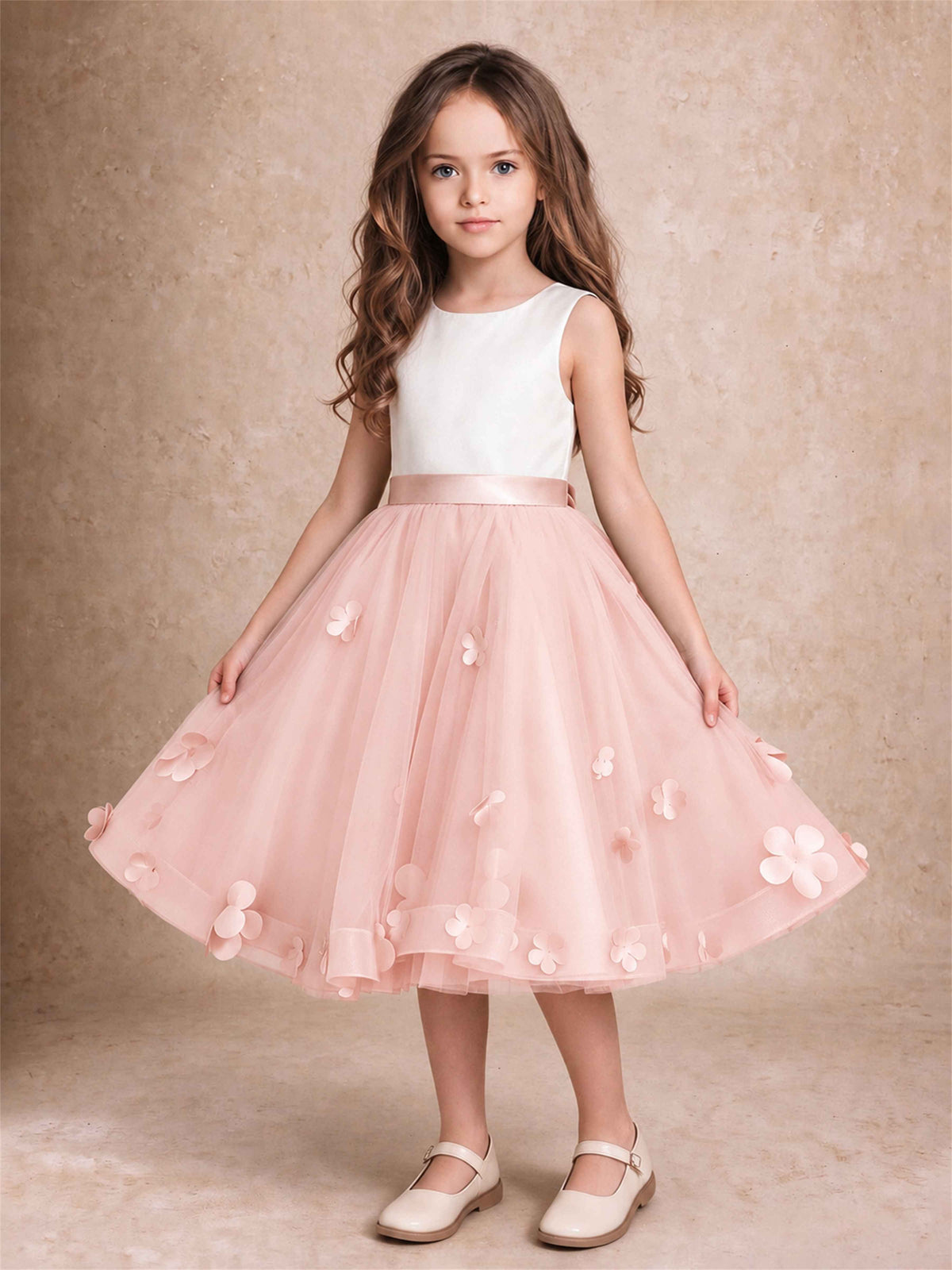 3D Floral Tulle Flower Girl Dress Sleeveless Satin Bow Back Wedding Guest Party Dress