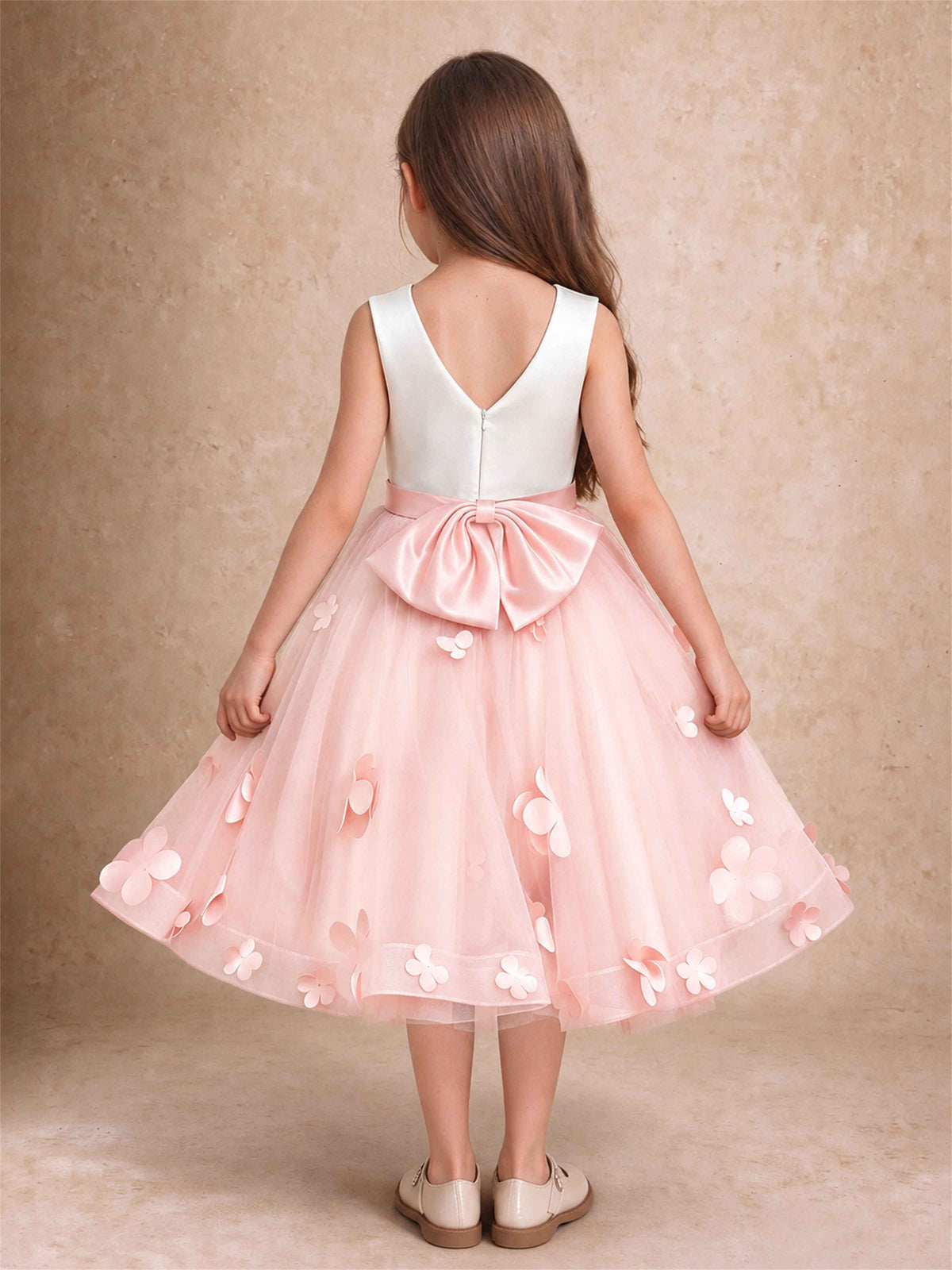 3D Floral Tulle Flower Girl Dress Sleeveless Satin Bow Back Wedding Guest Party Dress