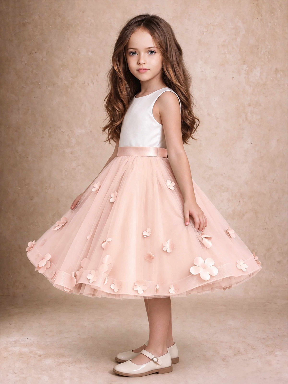 3D Floral Tulle Flower Girl Dress Sleeveless Satin Bow Back Wedding Guest Party Dress