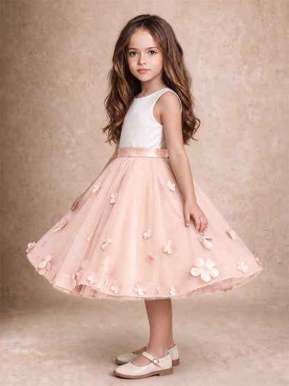 3D Floral Tulle Flower Girl Dress Sleeveless Satin Bow Back Wedding Guest Party Dress