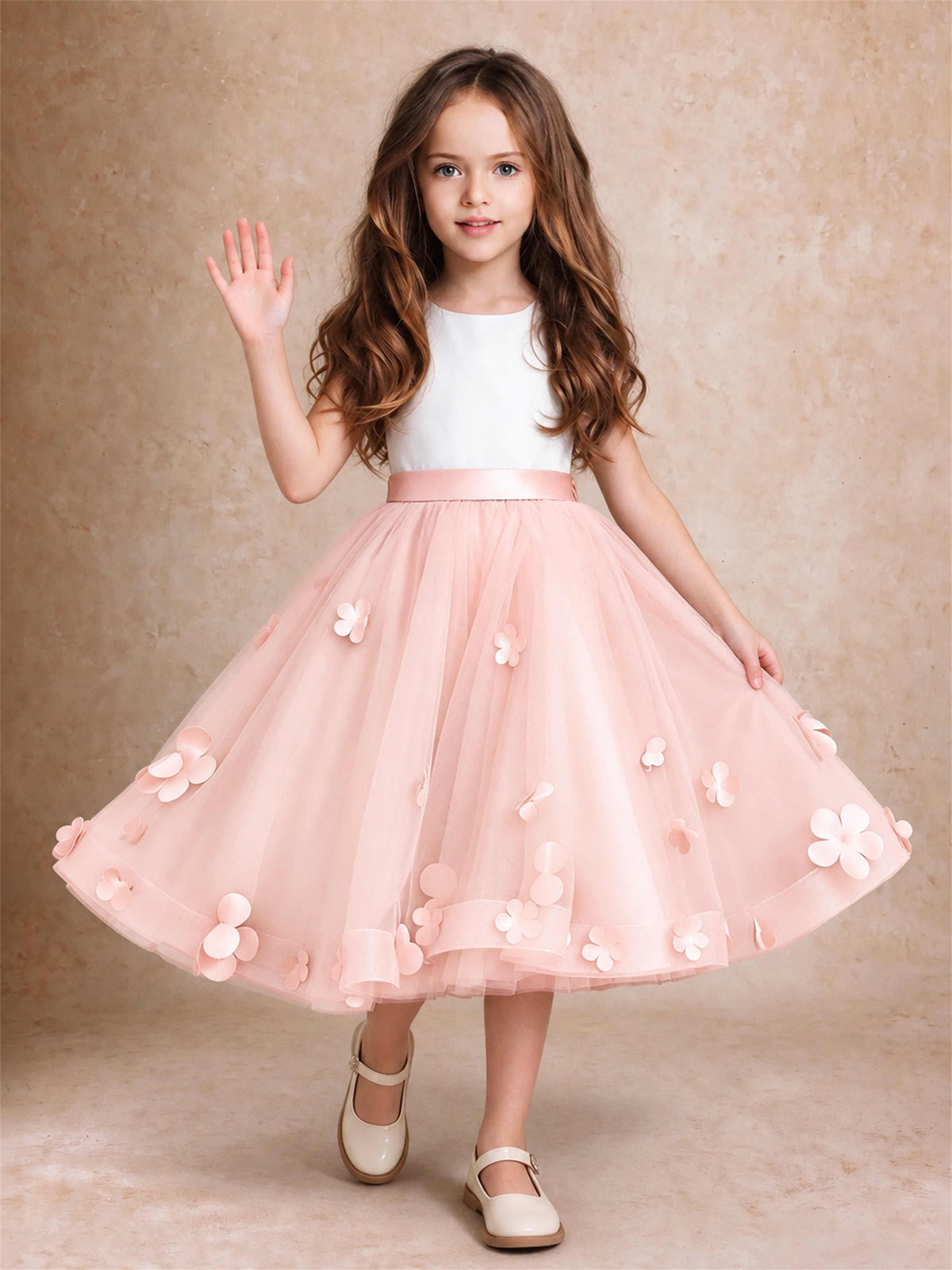 3D Floral Tulle Flower Girl Dress Sleeveless Satin Bow Back Wedding Guest Party Dress
