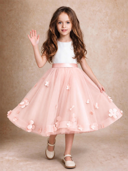 3D Floral Tulle Flower Girl Dress Sleeveless Satin Bow Back Wedding Guest Party Dress