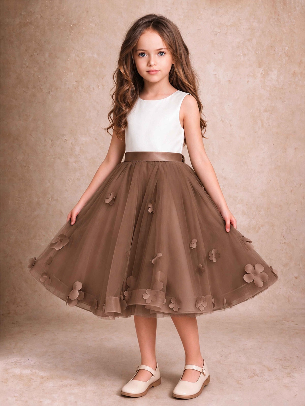 3D Floral Tulle Flower Girl Dress Sleeveless Satin Bow Back Wedding Guest Party Dress