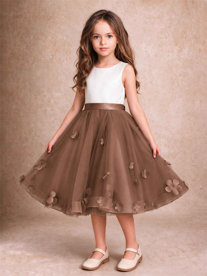 3D Floral Tulle Flower Girl Dress Sleeveless Satin Bow Back Wedding Guest Party Dress