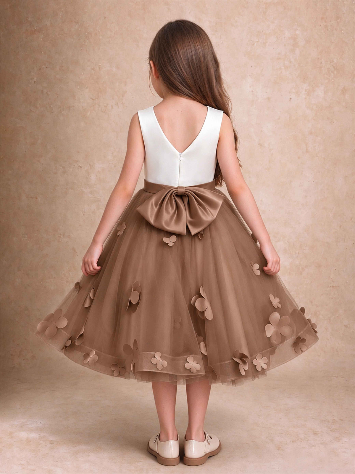 3D Floral Tulle Flower Girl Dress Sleeveless Satin Bow Back Wedding Guest Party Dress