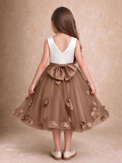 3D Floral Tulle Flower Girl Dress Sleeveless Satin Bow Back Wedding Guest Party Dress