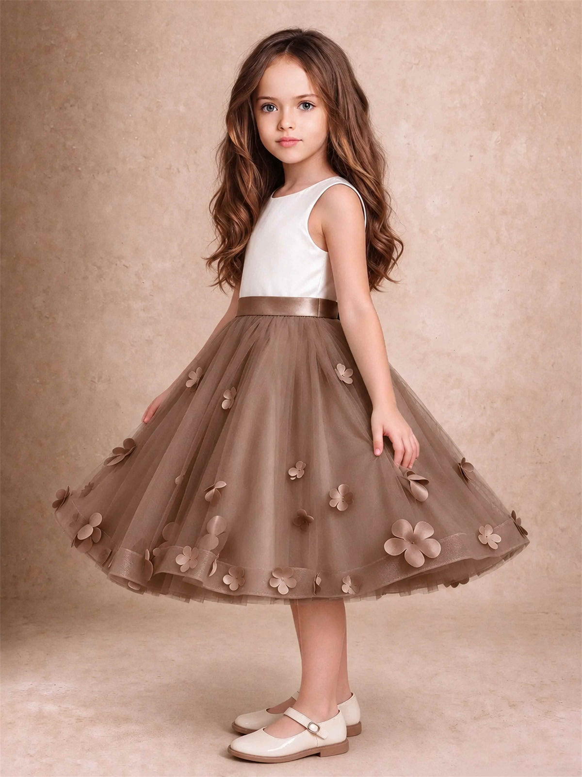 3D Floral Tulle Flower Girl Dress Sleeveless Satin Bow Back Wedding Guest Party Dress