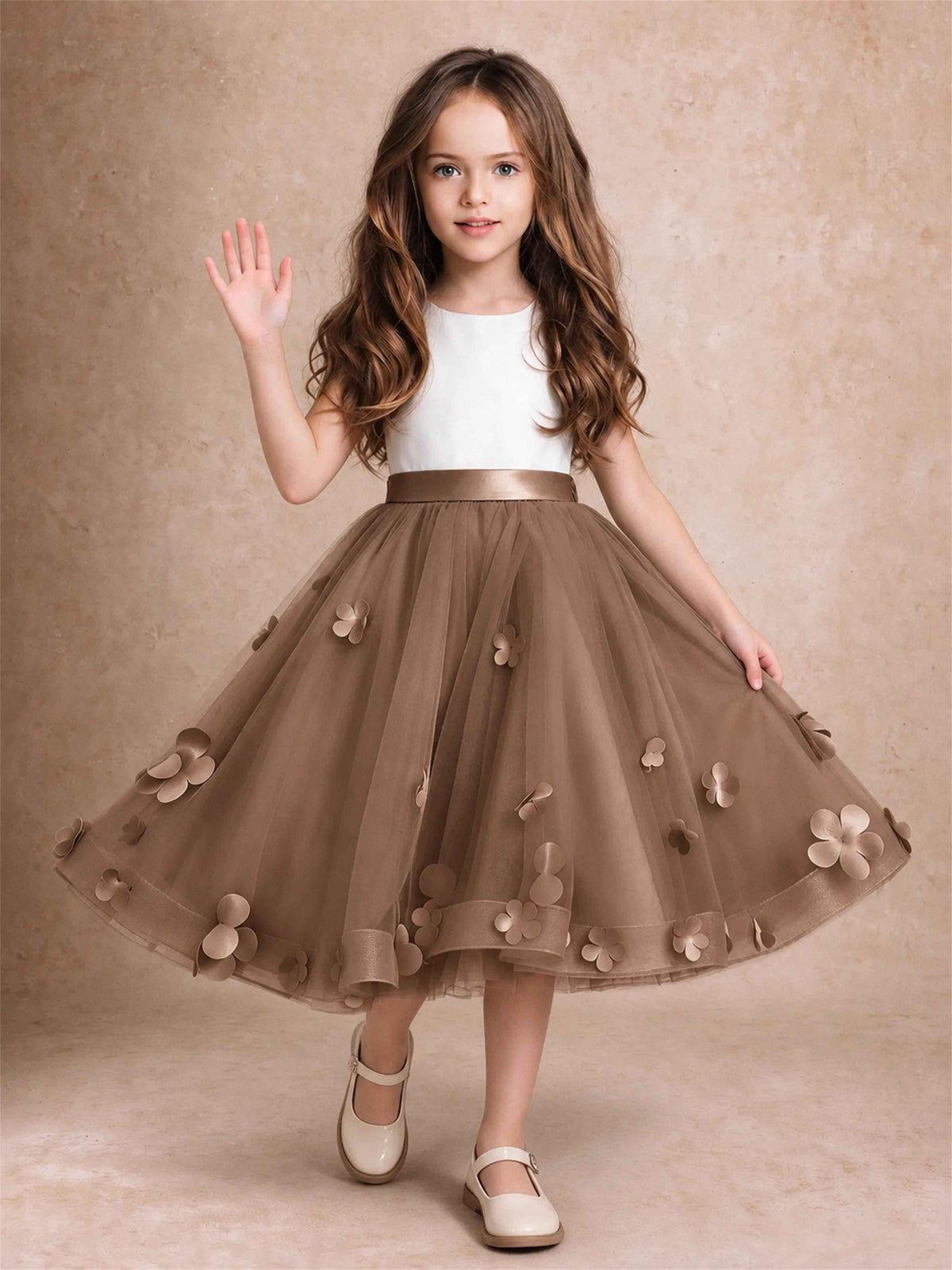 3D Floral Tulle Flower Girl Dress Sleeveless Satin Bow Back Wedding Guest Party Dress