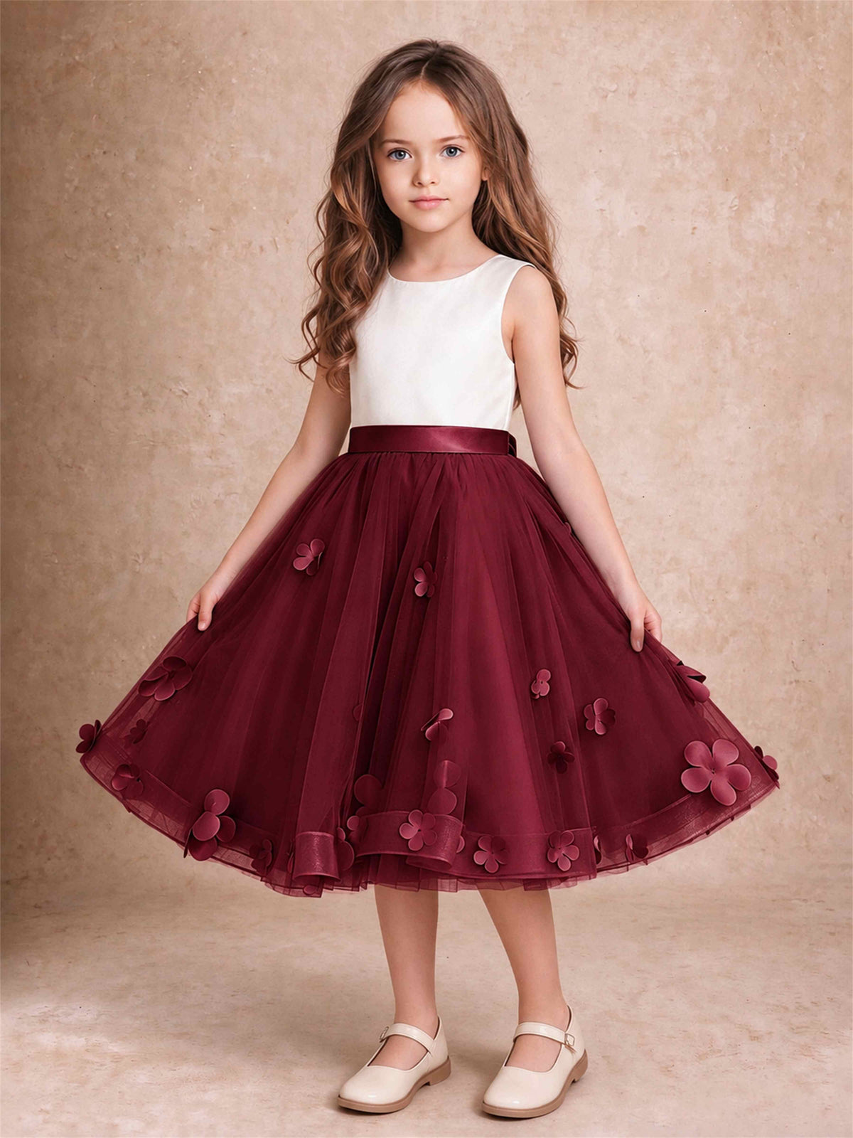 3D Floral Tulle Flower Girl Dress Sleeveless Satin Bow Back Wedding Guest Party Dress