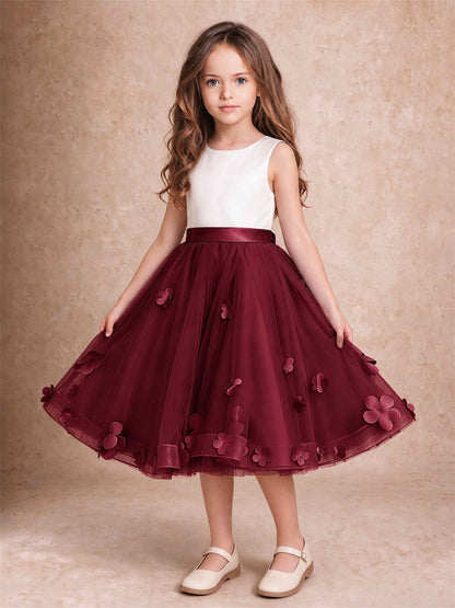 3D Floral Tulle Flower Girl Dress Sleeveless Satin Bow Back Wedding Guest Party Dress