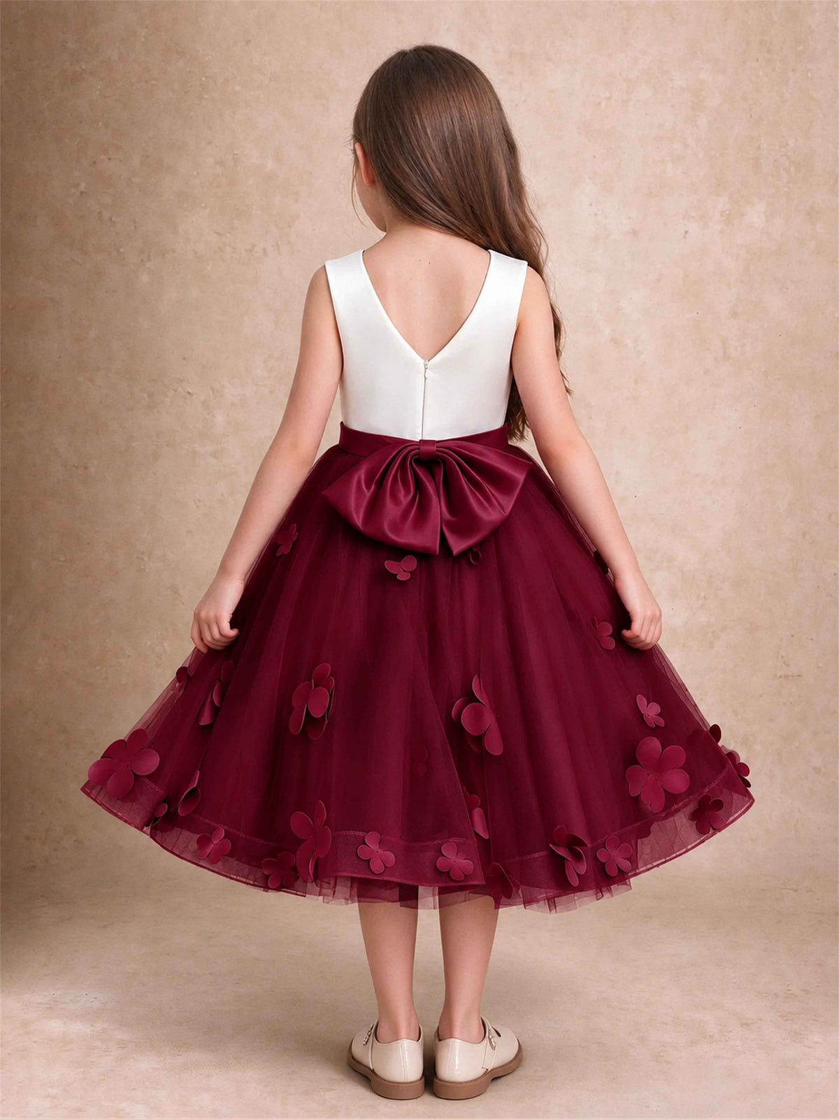 3D Floral Tulle Flower Girl Dress Sleeveless Satin Bow Back Wedding Guest Party Dress