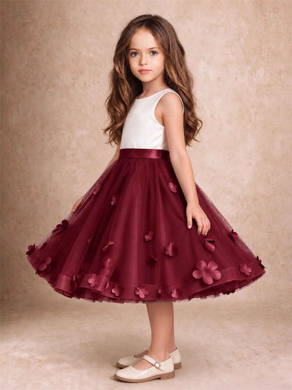3D Floral Tulle Flower Girl Dress Sleeveless Satin Bow Back Wedding Guest Party Dress