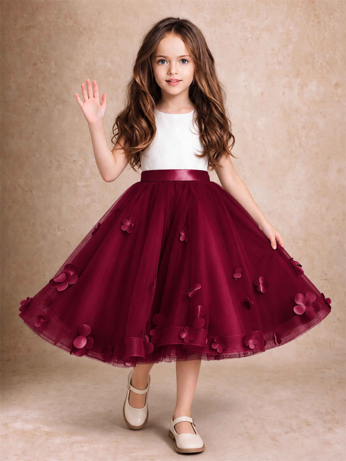 3D Floral Tulle Flower Girl Dress Sleeveless Satin Bow Back Wedding Guest Party Dress