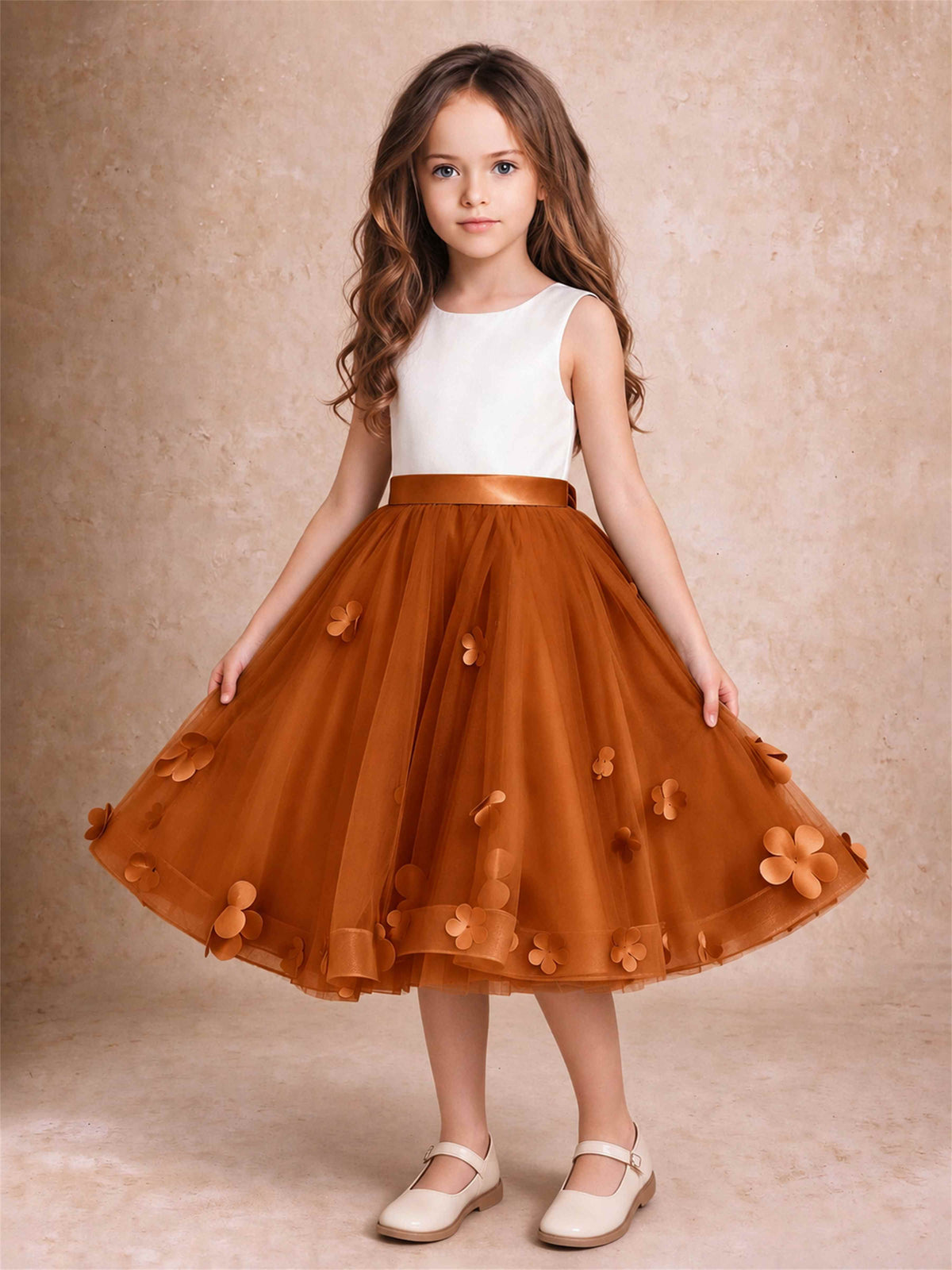 3D Floral Tulle Flower Girl Dress Sleeveless Satin Bow Back Wedding Guest Party Dress