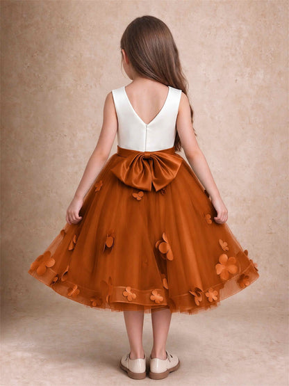 3D Floral Tulle Flower Girl Dress Sleeveless Satin Bow Back Wedding Guest Party Dress