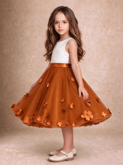 3D Floral Tulle Flower Girl Dress Sleeveless Satin Bow Back Wedding Guest Party Dress