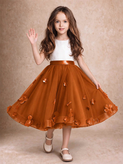3D Floral Tulle Flower Girl Dress Sleeveless Satin Bow Back Wedding Guest Party Dress