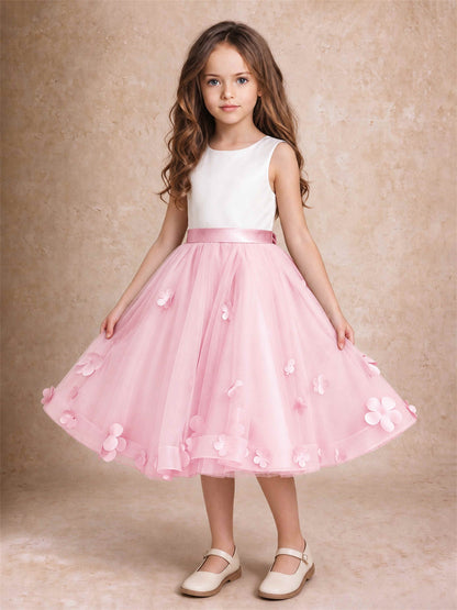 3D Floral Tulle Flower Girl Dress Sleeveless Satin Bow Back Wedding Guest Party Dress