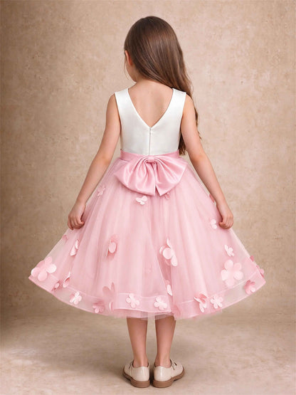 3D Floral Tulle Flower Girl Dress Sleeveless Satin Bow Back Wedding Guest Party Dress