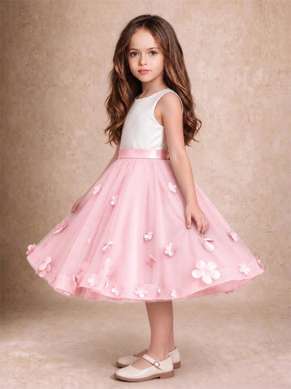 3D Floral Tulle Flower Girl Dress Sleeveless Satin Bow Back Wedding Guest Party Dress