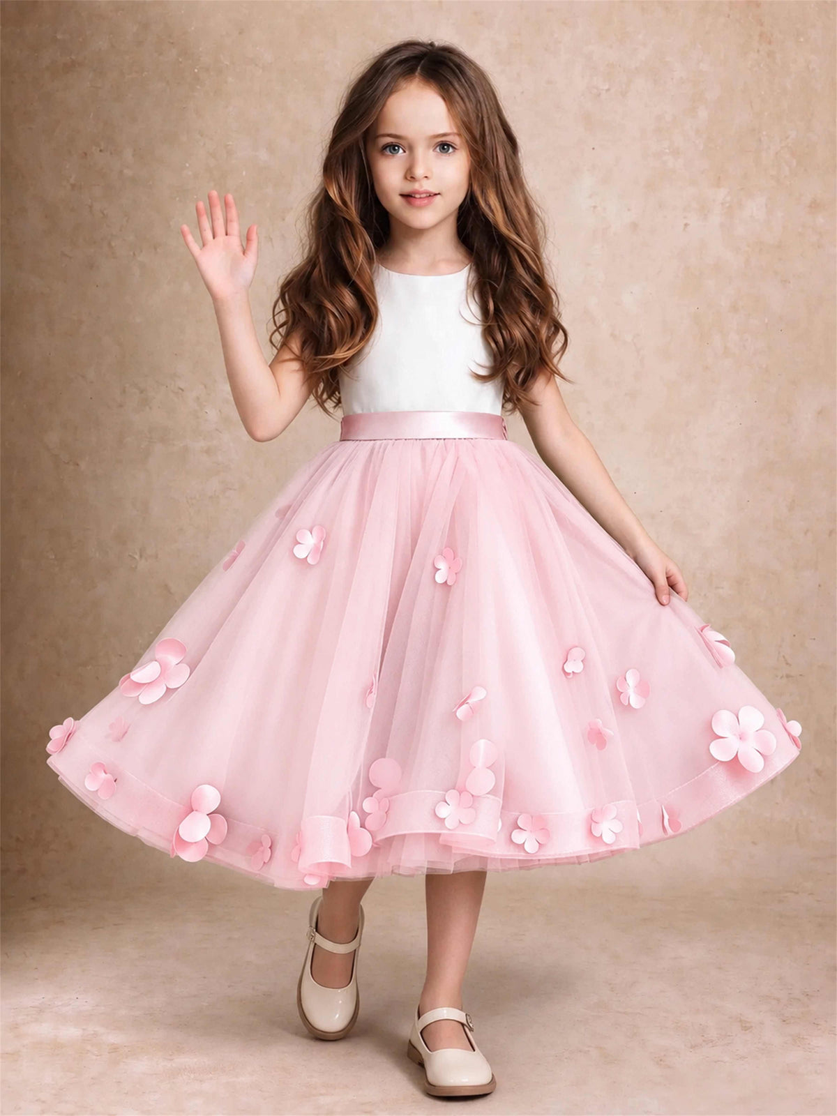 3D Floral Tulle Flower Girl Dress Sleeveless Satin Bow Back Wedding Guest Party Dress
