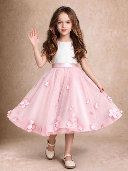 3D Floral Tulle Flower Girl Dress Sleeveless Satin Bow Back Wedding Guest Party Dress