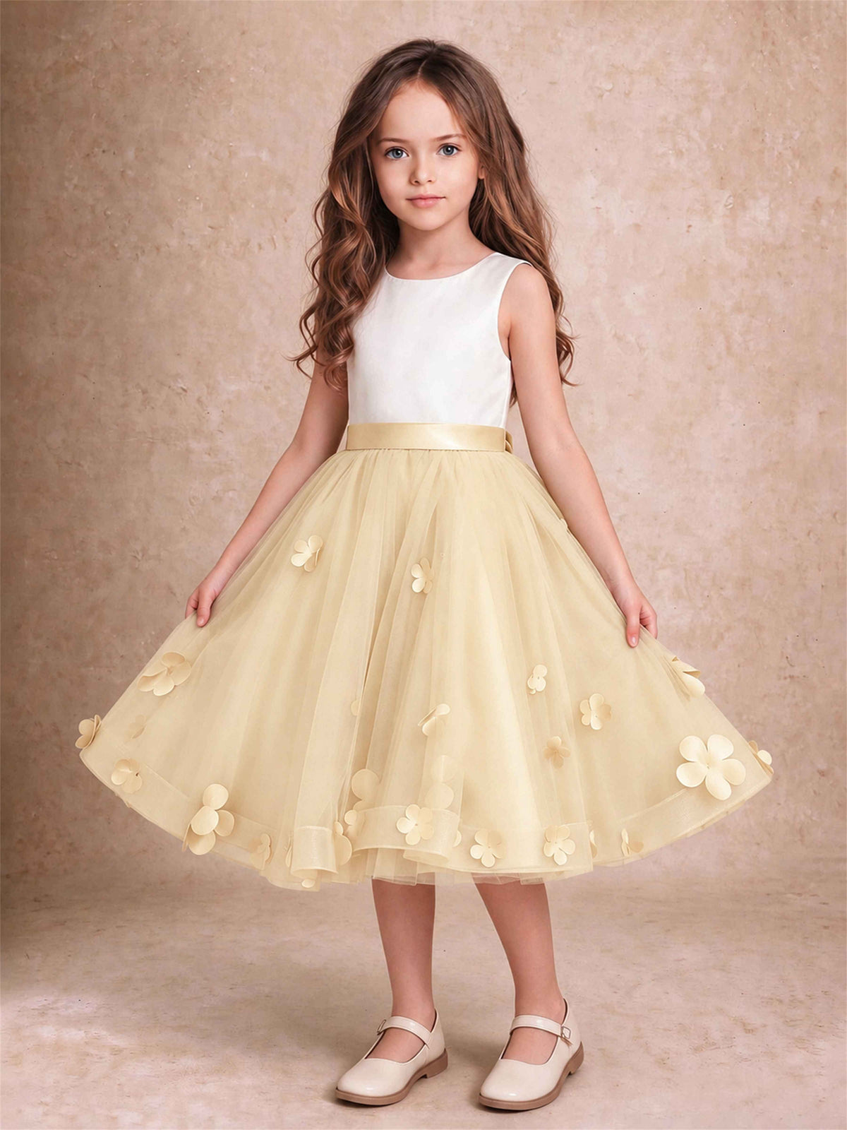 3D Floral Tulle Flower Girl Dress Sleeveless Satin Bow Back Wedding Guest Party Dress