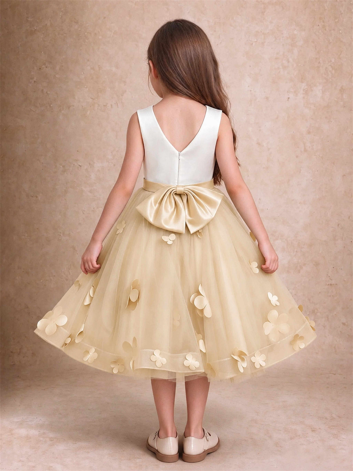 3D Floral Tulle Flower Girl Dress Sleeveless Satin Bow Back Wedding Guest Party Dress