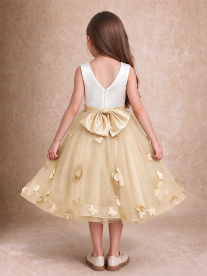 3D Floral Tulle Flower Girl Dress Sleeveless Satin Bow Back Wedding Guest Party Dress