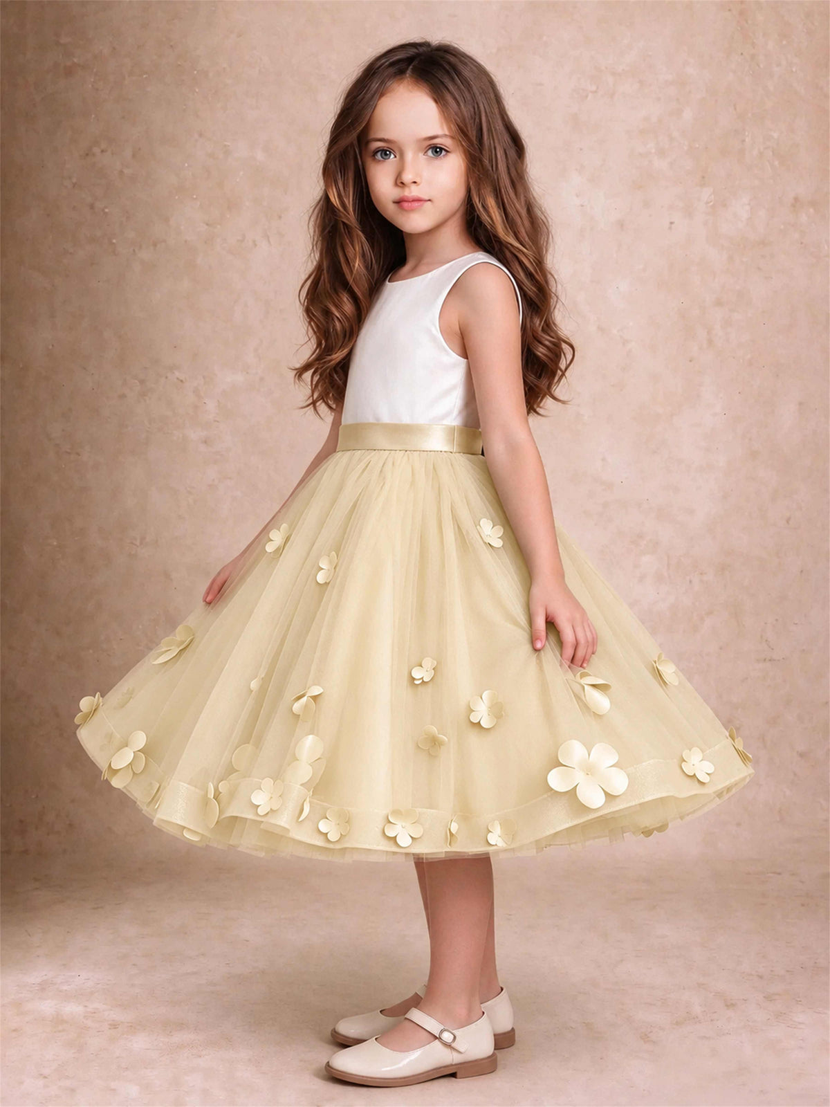 3D Floral Tulle Flower Girl Dress Sleeveless Satin Bow Back Wedding Guest Party Dress
