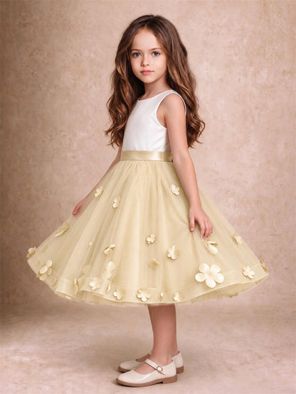 3D Floral Tulle Flower Girl Dress Sleeveless Satin Bow Back Wedding Guest Party Dress
