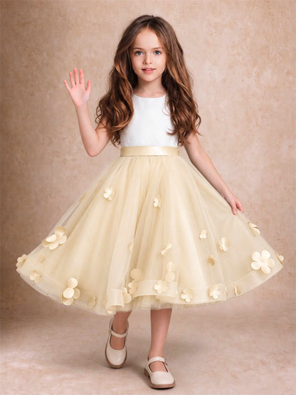 3D Floral Tulle Flower Girl Dress Sleeveless Satin Bow Back Wedding Guest Party Dress