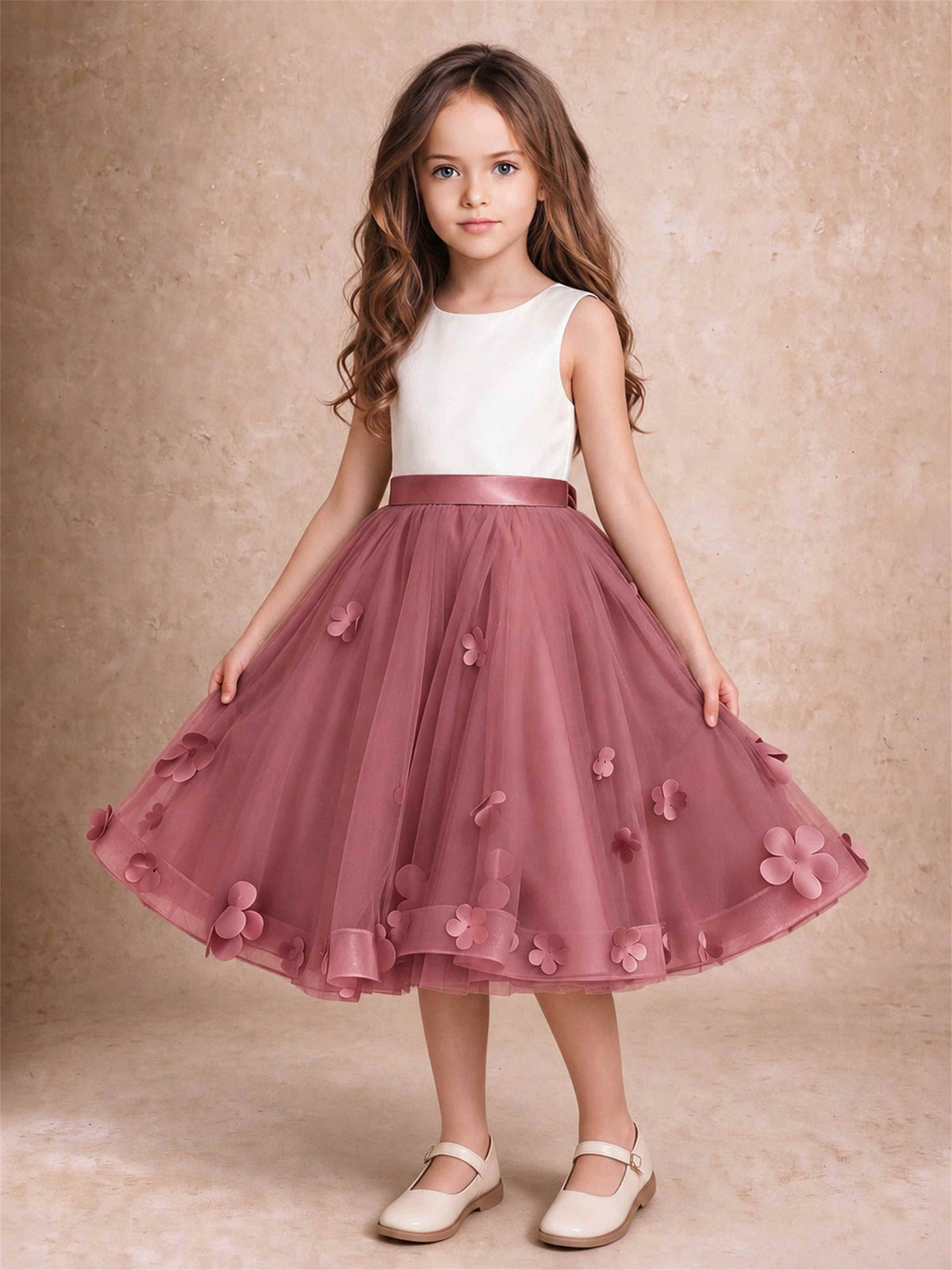 3D Floral Tulle Flower Girl Dress Sleeveless Satin Bow Back Wedding Guest Party Dress