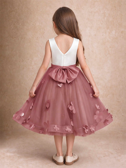 3D Floral Tulle Flower Girl Dress Sleeveless Satin Bow Back Wedding Guest Party Dress