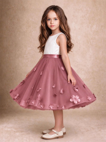 3D Floral Tulle Flower Girl Dress Sleeveless Satin Bow Back Wedding Guest Party Dress