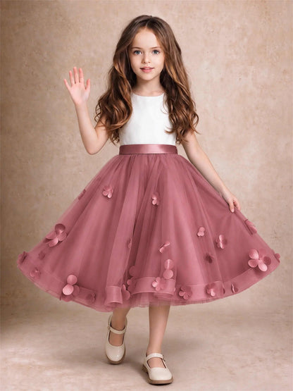3D Floral Tulle Flower Girl Dress Sleeveless Satin Bow Back Wedding Guest Party Dress