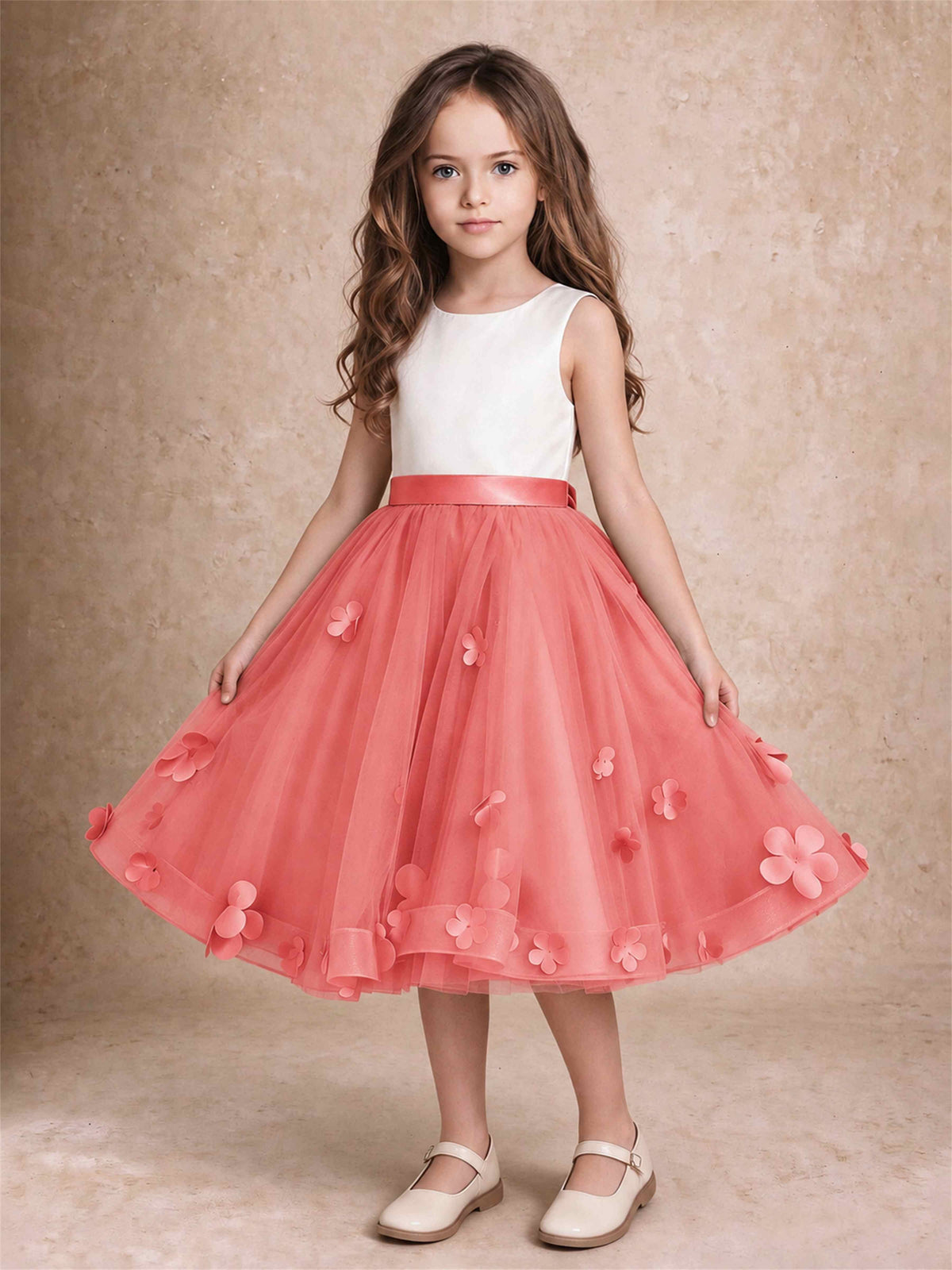 3D Floral Tulle Flower Girl Dress Sleeveless Satin Bow Back Wedding Guest Party Dress