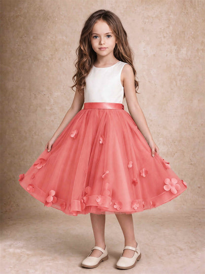 3D Floral Tulle Flower Girl Dress Sleeveless Satin Bow Back Wedding Guest Party Dress