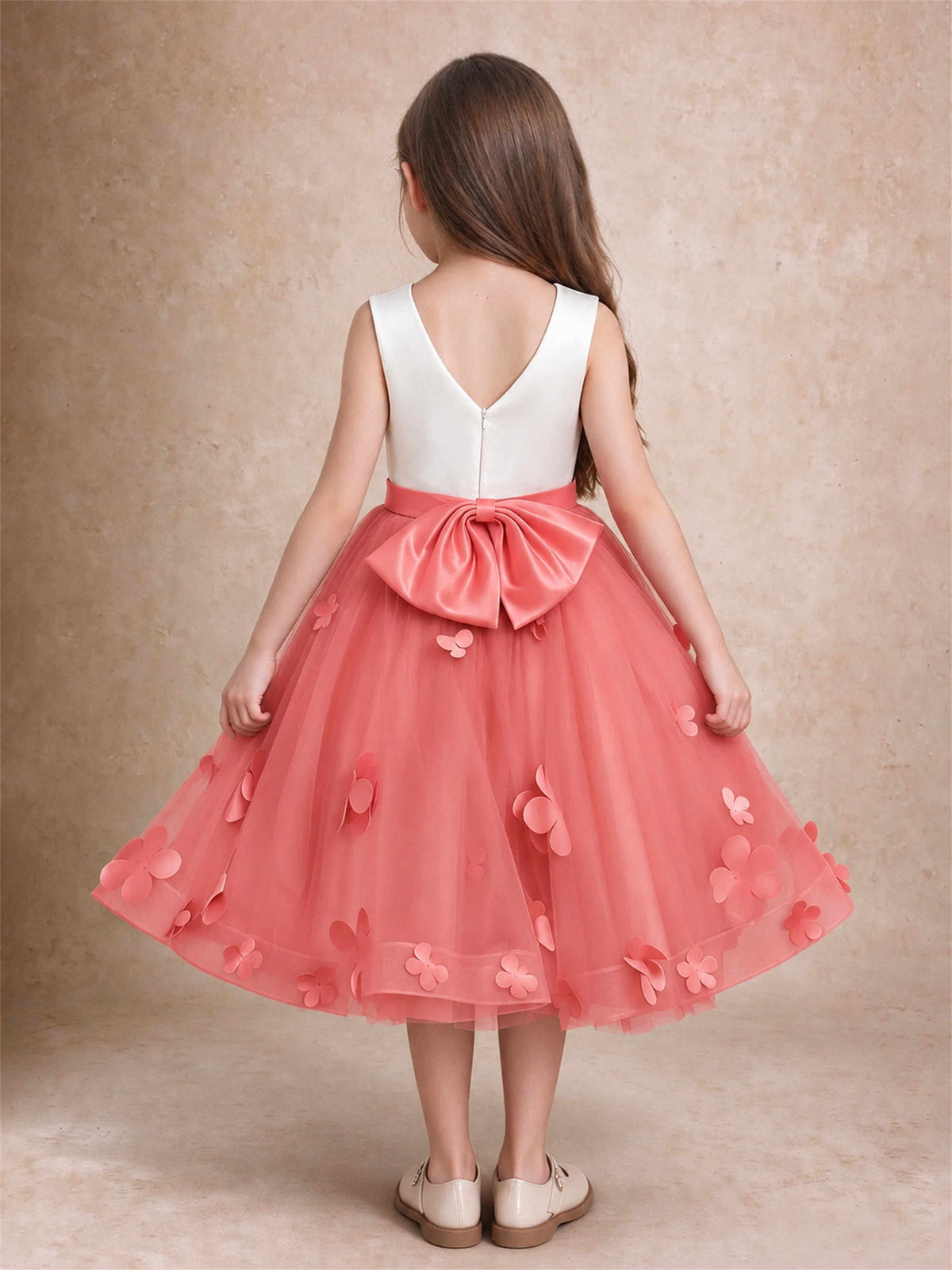 3D Floral Tulle Flower Girl Dress Sleeveless Satin Bow Back Wedding Guest Party Dress