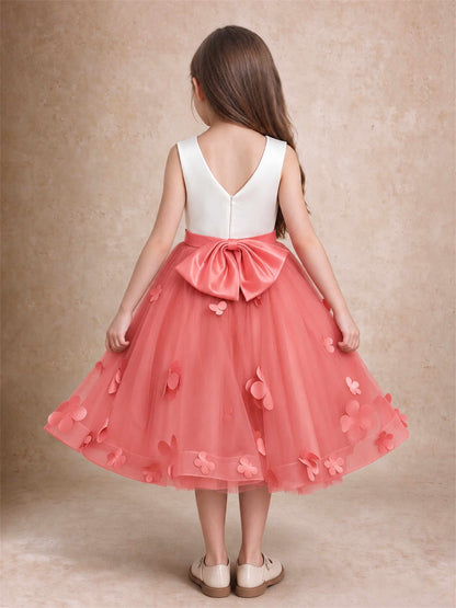 3D Floral Tulle Flower Girl Dress Sleeveless Satin Bow Back Wedding Guest Party Dress