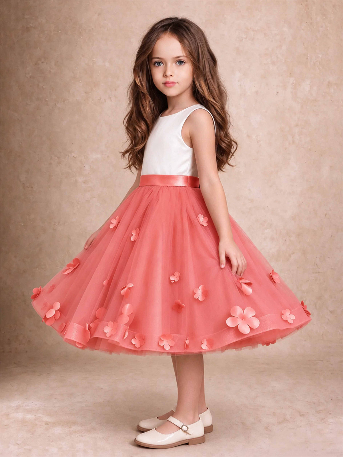 3D Floral Tulle Flower Girl Dress Sleeveless Satin Bow Back Wedding Guest Party Dress
