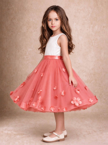 3D Floral Tulle Flower Girl Dress Sleeveless Satin Bow Back Wedding Guest Party Dress