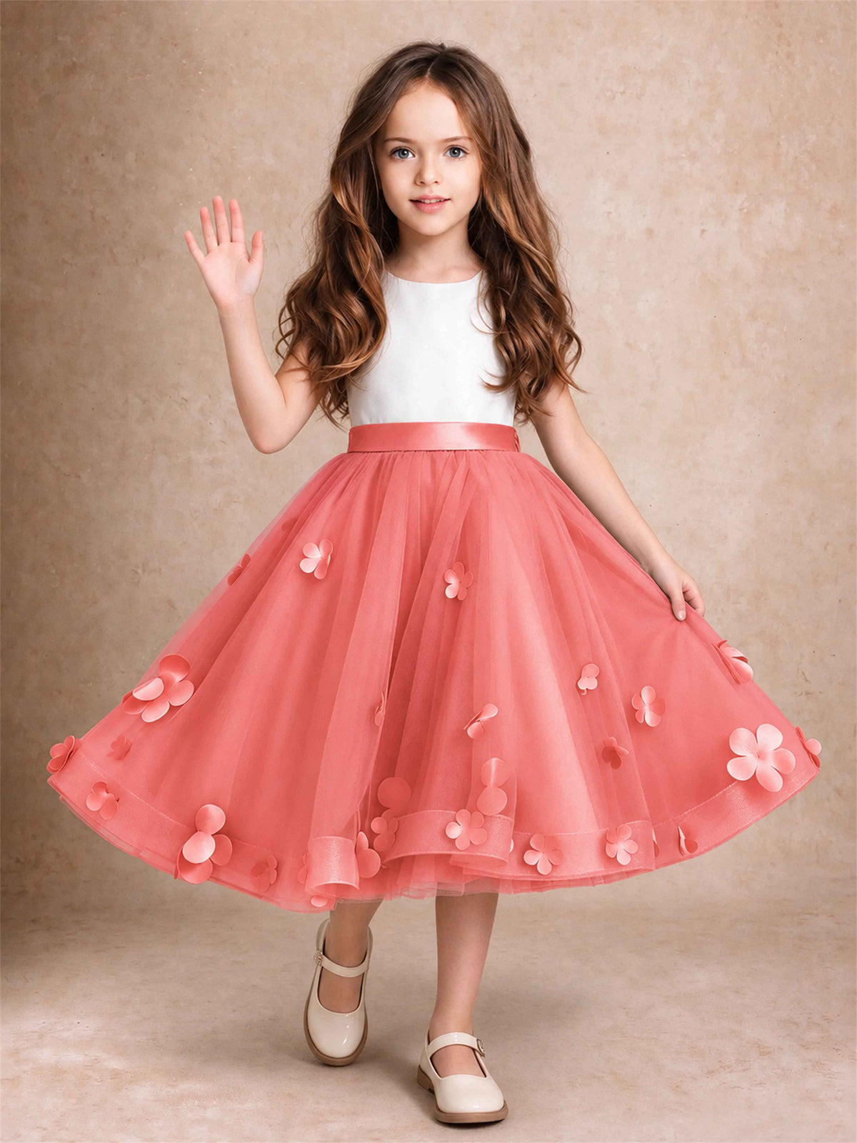 3D Floral Tulle Flower Girl Dress Sleeveless Satin Bow Back Wedding Guest Party Dress