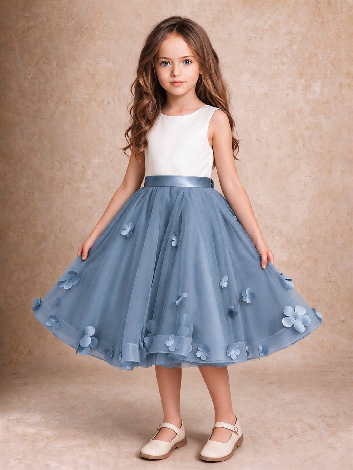 3D Floral Tulle Flower Girl Dress Sleeveless Satin Bow Back Wedding Guest Party Dress