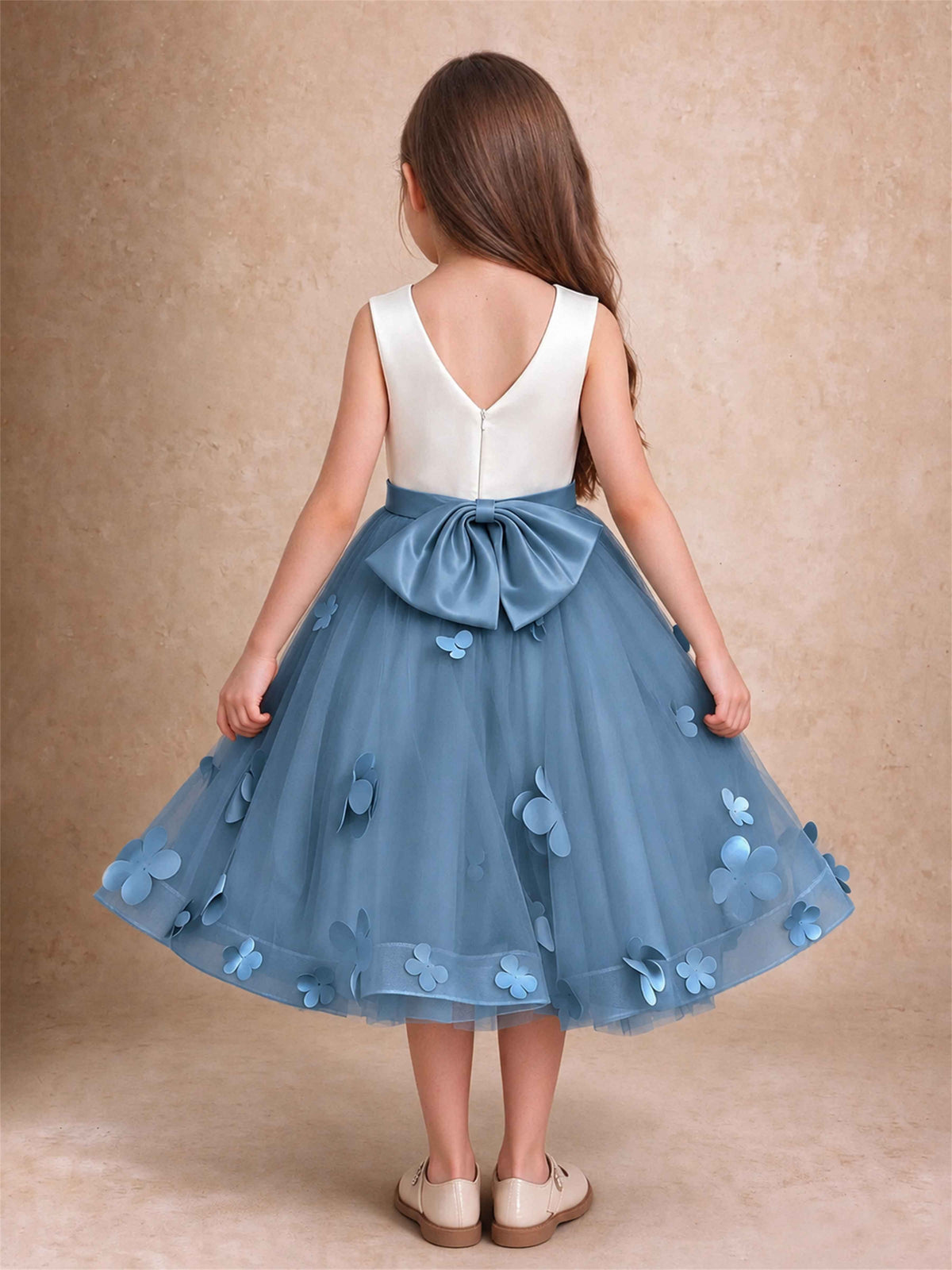 3D Floral Tulle Flower Girl Dress Sleeveless Satin Bow Back Wedding Guest Party Dress