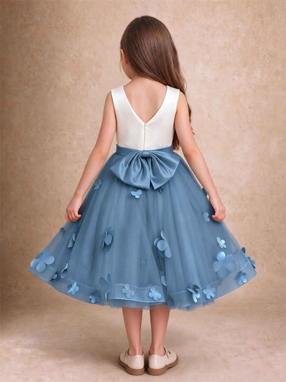 3D Floral Tulle Flower Girl Dress Sleeveless Satin Bow Back Wedding Guest Party Dress